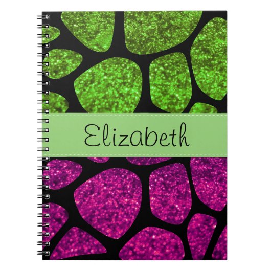 Groene Giraffe, roze Giraffe, glitter, Jouw naam Notitieboek (Voorkant)