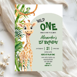 Groene Giraffe Wilde Eén Safari Eerste Verjaardag Kaart