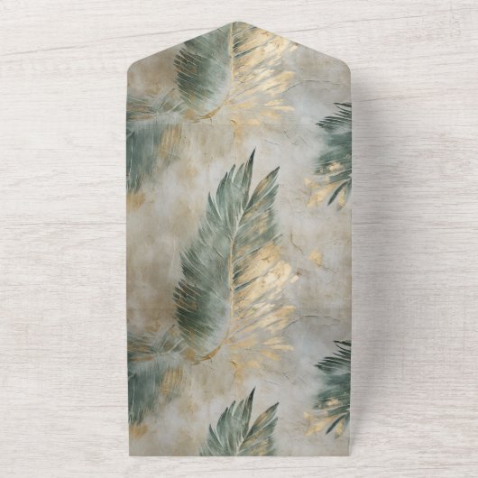 Groene Glam Chique Goud Wit Tropisch Bladeren All In One Uitnodiging (Buitenkant)