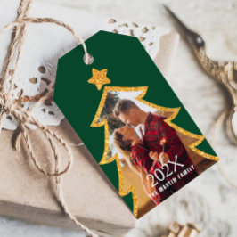 Groene Glanzende Kerstboom Gepersonaliseerde Foto Cadeaulabel