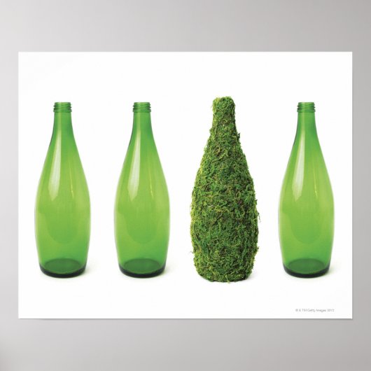 Groene glazen flessen met recycling en poster (Voorkant)
