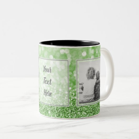 Groene Glitter 2 Afbeeldingen met tekst Ontwerp uw Tweekleurige Koffiemok (Voorkant rechts)