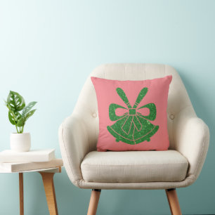 Groene Glitter Bells on Pink Holiday Kussen
