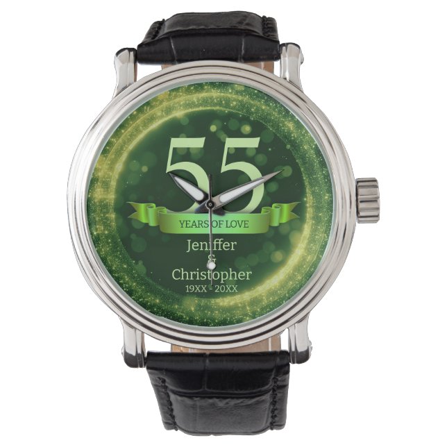 Groene Glitter Bewerken Jaar Bruiloft Jubileum Horloge (Voorkant)