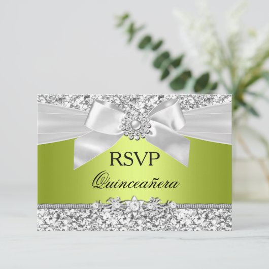 Groene Glitter Bow Quinceanera RSVP (Staand voorkant)