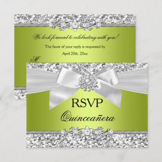 Groene Glitter Bow Quinceanera RSVP (Voorkant / Achterkant)