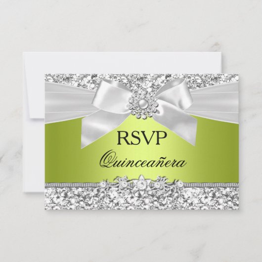 Groene Glitter Bow Quinceanera RSVP Kaartje (Voorkant)