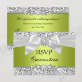 Groene Glitter Bow Quinceanera RSVP Kaartje (Voorkant / Achterkant)