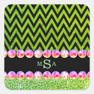 Groene Glitter Chevron Pink Bling Monogram Glam Vierkante Sticker