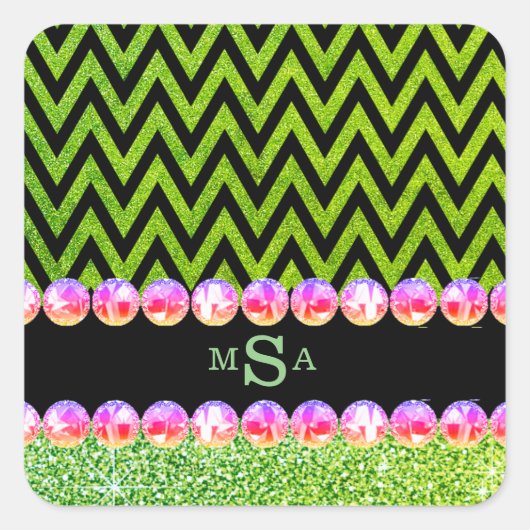Groene Glitter Chevron Pink Bling Monogram Glam Vierkante Sticker (Voorkant)
