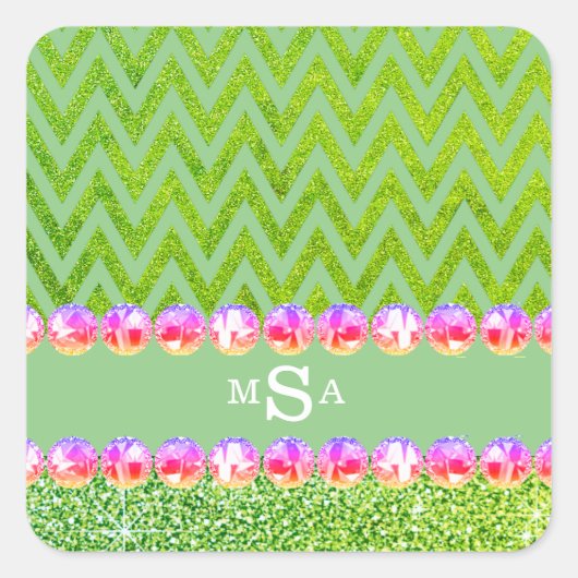 Groene Glitter Chevron Pink Bling Monogram Vierkante Sticker (Voorkant)