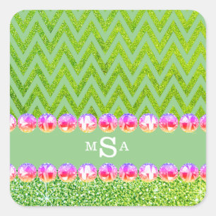 Groene Glitter Chevron Pink Bling Monogram Vierkante Sticker