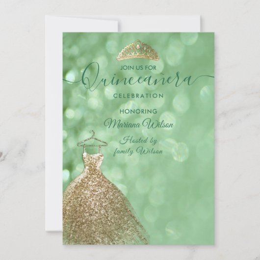 Groene glitter chic Gold jurk tiara Quinceañera Kaart (Voorkant)