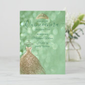 Groene glitter chic Gold jurk tiara Quinceañera Kaart (Staand voorkant)