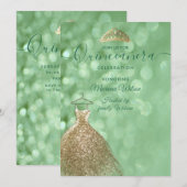 Groene glitter chic Gold jurk tiara Quinceañera Kaart (Voorkant / Achterkant)