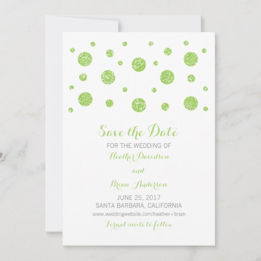 Groene Glitter Confetti sparen de Datum uitnodigen Save The Date (Voorkant)