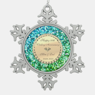 Groene Glitter Diamant 50ste Huwelijksverjaardag Tin Sneeuwvlok Ornament