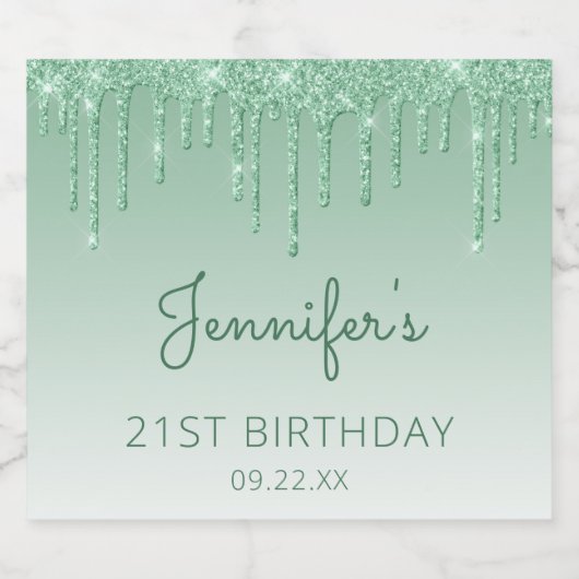 Groene glitter Drip 21e verjaardag Sparkling Wijnetiket (Enkel label)