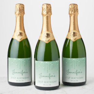 Groene Glitter Drip 21e Verjaardagsfeestje Sparkling Wijnetiket