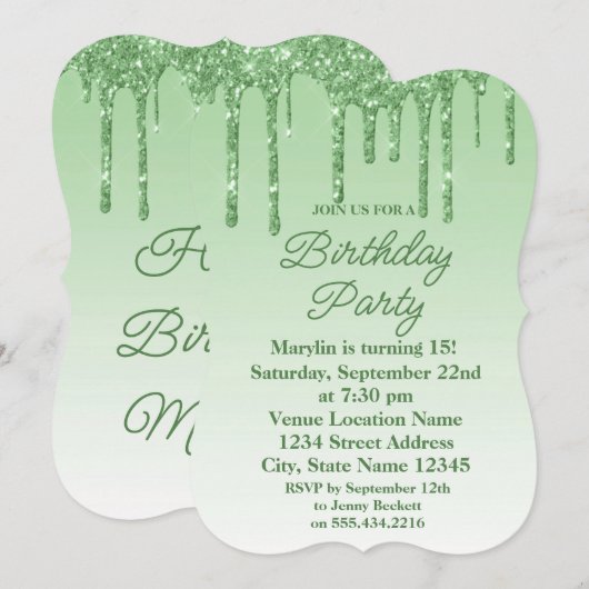 GROENE GLITTER DRIP ELEGANT BIRTHDAY INVITATION KAART (Voorkant / Achterkant)