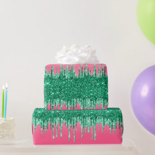 Groene Glitter Drip Roze Trendy Glam Bling Verjaar Cadeaupapier