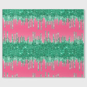 Groene Glitter Drip Roze Trendy Glam Bling Verjaar Cadeaupapier (Vlak)