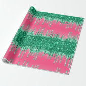 Groene Glitter Drip Roze Trendy Glam Bling Verjaar Cadeaupapier (Uitgerold)