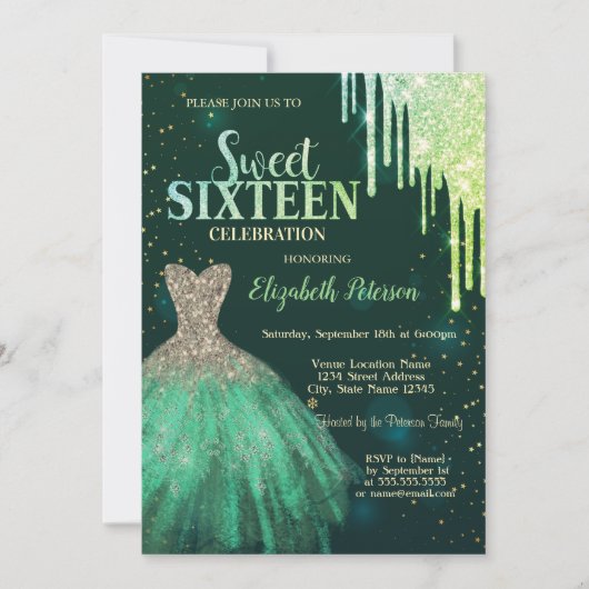 Groene Glitter Drips, Groene Jurk Sweet 16 Kaart (Voorkant)