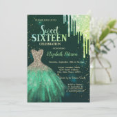 Groene Glitter Drips, Groene Jurk Sweet 16 Kaart (Staand voorkant)