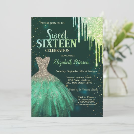 Groene Glitter Drips, Groene Jurk Sweet 16 Kaart (Staand voorkant)