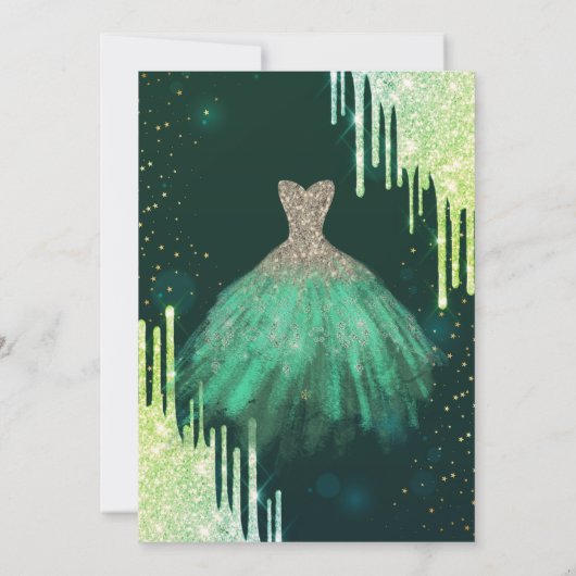 Groene Glitter Drips, Groene Jurk Sweet 16 Kaart (Achterkant)