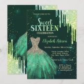 Groene Glitter Drips, Groene Jurk Sweet 16 Kaart (Voorkant / Achterkant)