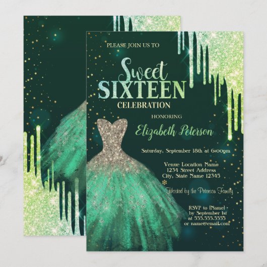 Groene Glitter Drips, Groene Jurk Sweet 16 Kaart (Voorkant / Achterkant)