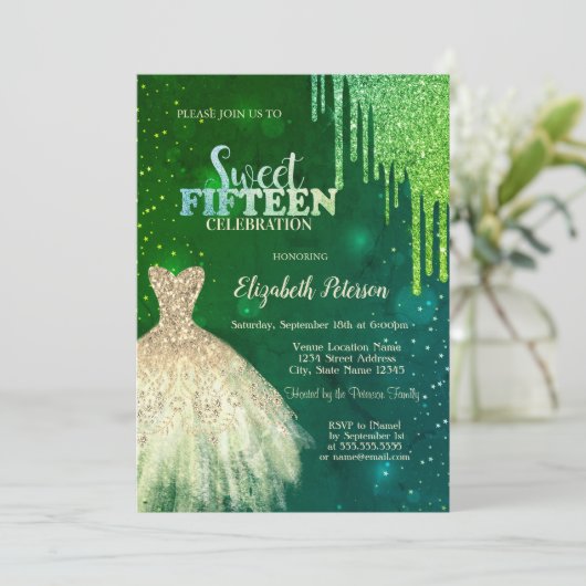 Groene Glitter Druppels, Gouden Jurk Sterren Quinc Kaart (Staand voorkant)