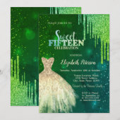 Groene Glitter Druppels, Gouden Jurk Sterren Quinc Kaart (Voorkant / Achterkant)