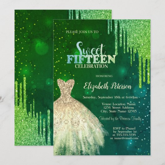 Groene Glitter Druppels, Gouden Jurk Sterren Quinc Kaart (Voorkant / Achterkant)