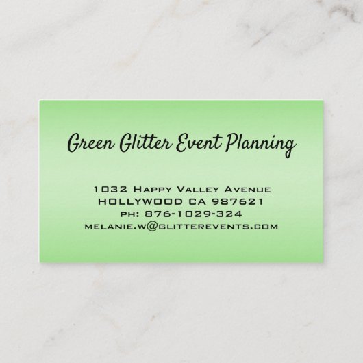 Groene Glitter Event Planner Visitekaartje (Achterkant)