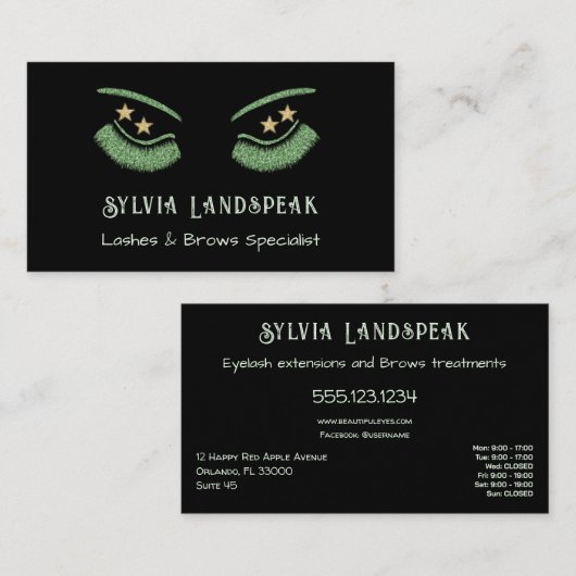 Groene Glitter Eyelashes voor Lash-technicus Visitekaartje (Voorkant / Achterkant)