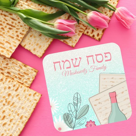 Groene Glitter Flowers, Wine en Matzah Passover Vierkante Sticker