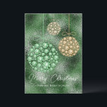 Groene Glitter Foto Kerstmis Ornament Elegant Feestdagenkaart<br><div class="desc">Elegante groene glitterige faux strass ornamenten hangen met een traditioneel sentiment van vrolijk kerstfeest van ons huis tot de jouwe typografie. Voeg een favoriete foto toe aan de achterkant van deze kaart voor aanpassing. Accent glitter ornamenten voegen toe aan de schoonheid van dit ontwerp op de achterkant van deze kaart....</div>