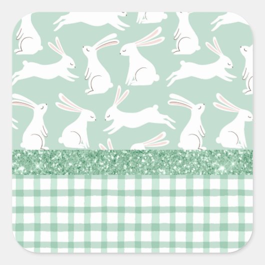Groene Glitter Gingham Geruite Konijnen Vierkante Sticker (Voorkant)