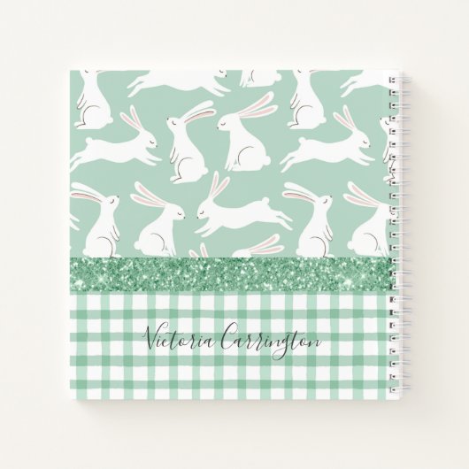 Groene Glitter Gingham Pset Rabbits Naam Notitieboek (Achterkant)