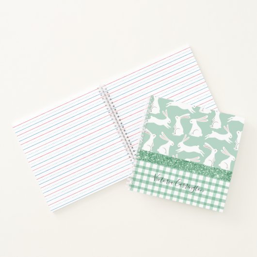 Groene Glitter Gingham Pset Rabbits Naam Notitieboek (Binnen)