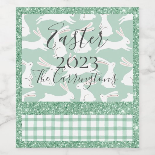 Groene Glitter Gingham Pset Rabbits Wijn Etiket (Enkel label)