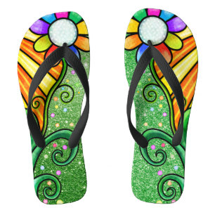 Groene Glitter Glam - Retro Flower Sunshine Bee Teenslippers