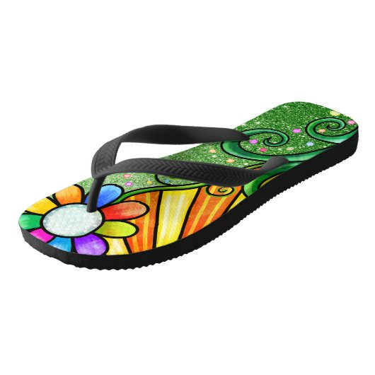 Groene Glitter Glam - Retro Flower Sunshine Bee Teenslippers (Schuin)