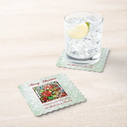 Groene Glitter Glas in lood Rode Kerstbloemen Kartonnen Onderzetters (Insitu)