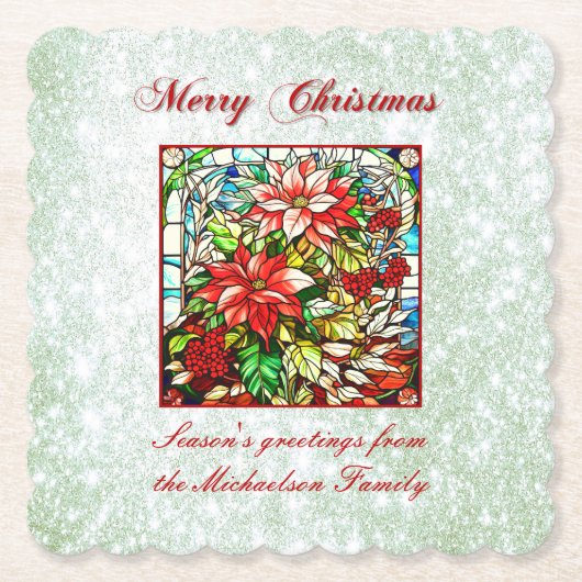 Groene Glitter Glas in lood Rode Kerstbloemen Kartonnen Onderzetters (Voorkant)