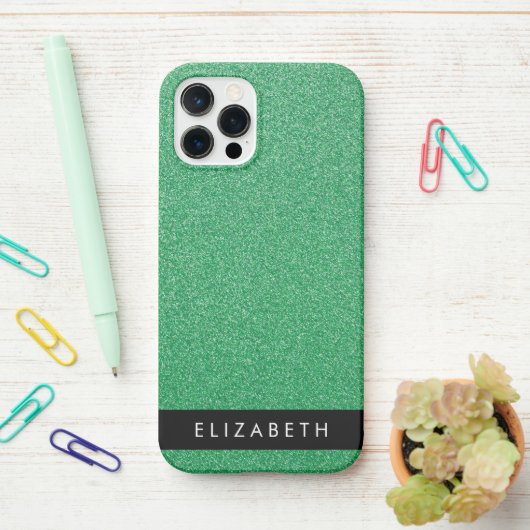 Groene Glitter, Glitter Achtergrond, Jouw naam iPhone Hoesje (Op bureau)