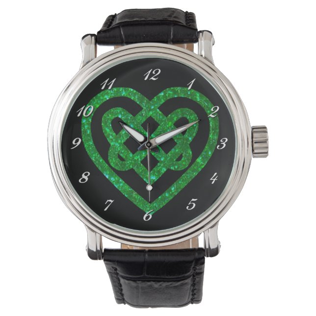 Groene Glitter Keltische Hart Knoop Polshorloge Horloge (Voorkant)